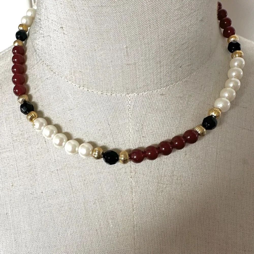 Faux pearl orange black and gold tone beaded necklace